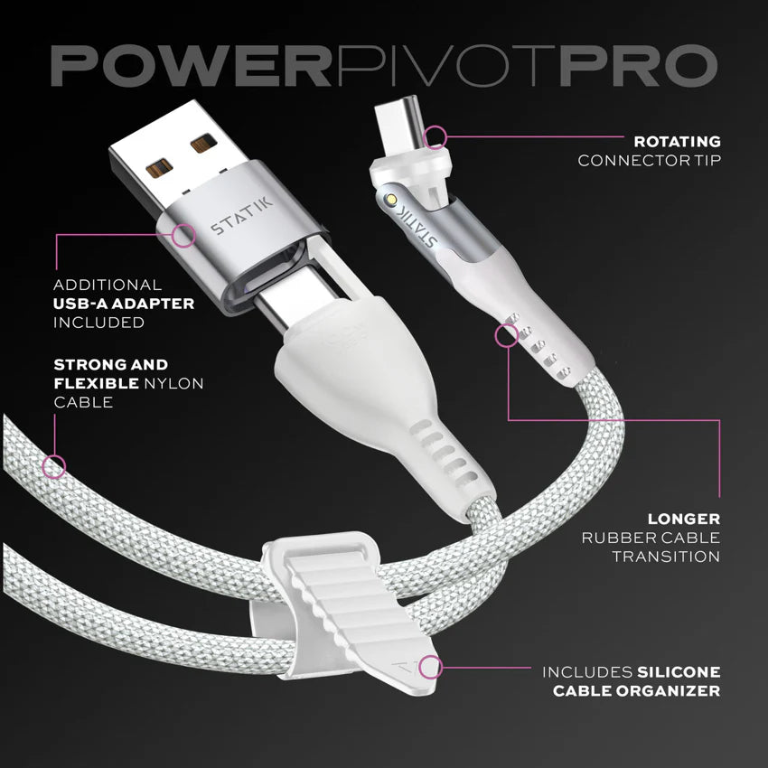 Statik PowerPivot Pro Nylon Braided 1M (3.3ft) Cable USB-C to USB-C White