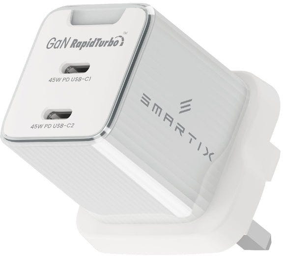 محول حائط Smartix Premium Compact UK بقدرة 45 وات GaN أبيض