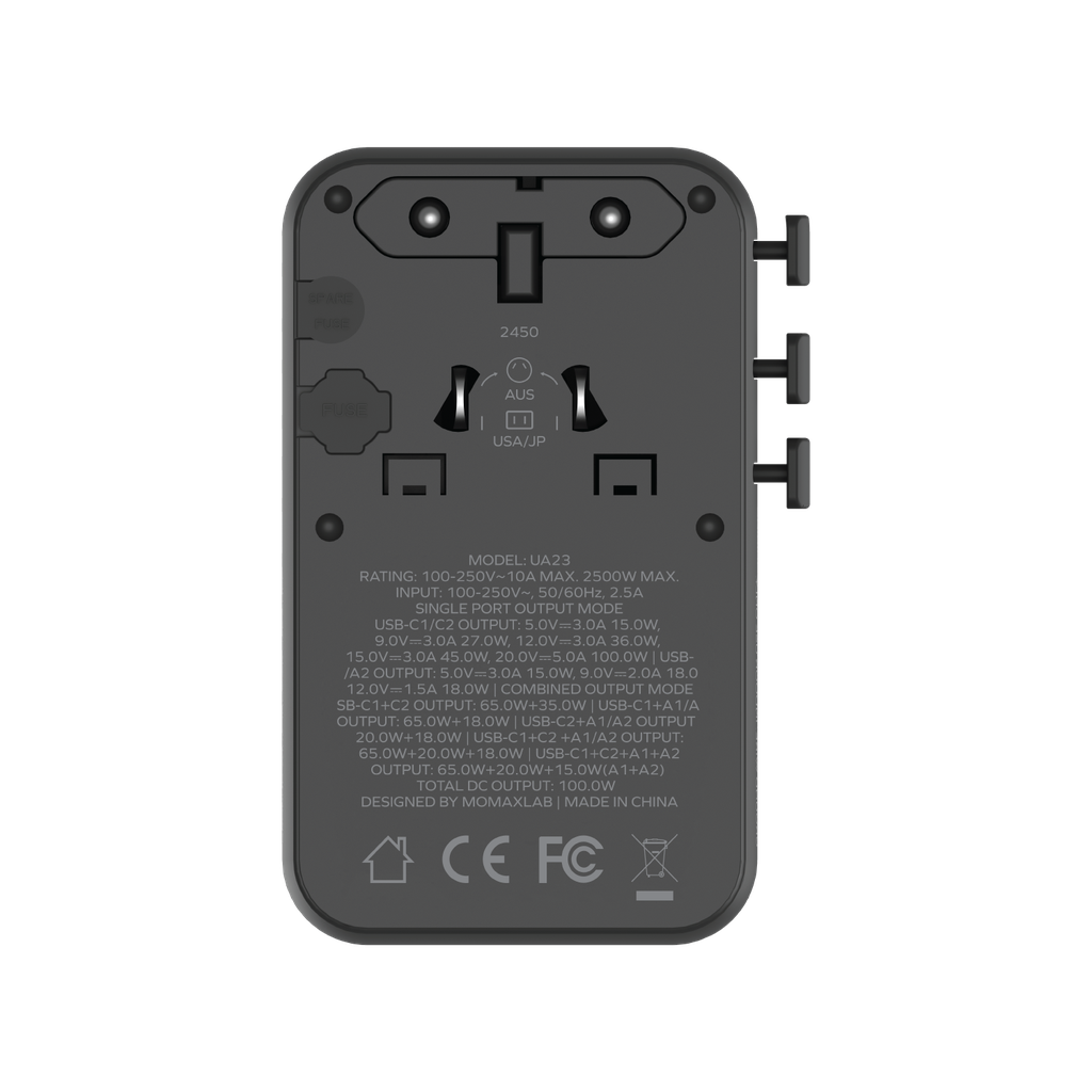 MOMAX 1-WORLD2 GAN 100W 4-PORT USB-C DUAL AC TRAVEL ADAPTOR