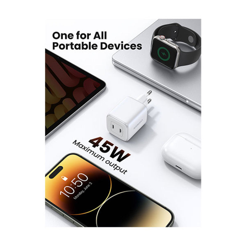 شاحن يو جرين نيكسود السريع 45 واط ثنائي USB-C GaN - أبيض