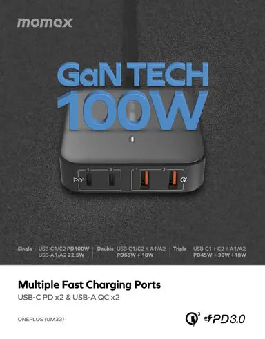 Momax oneplug 100w 4 port gan desktop charger black