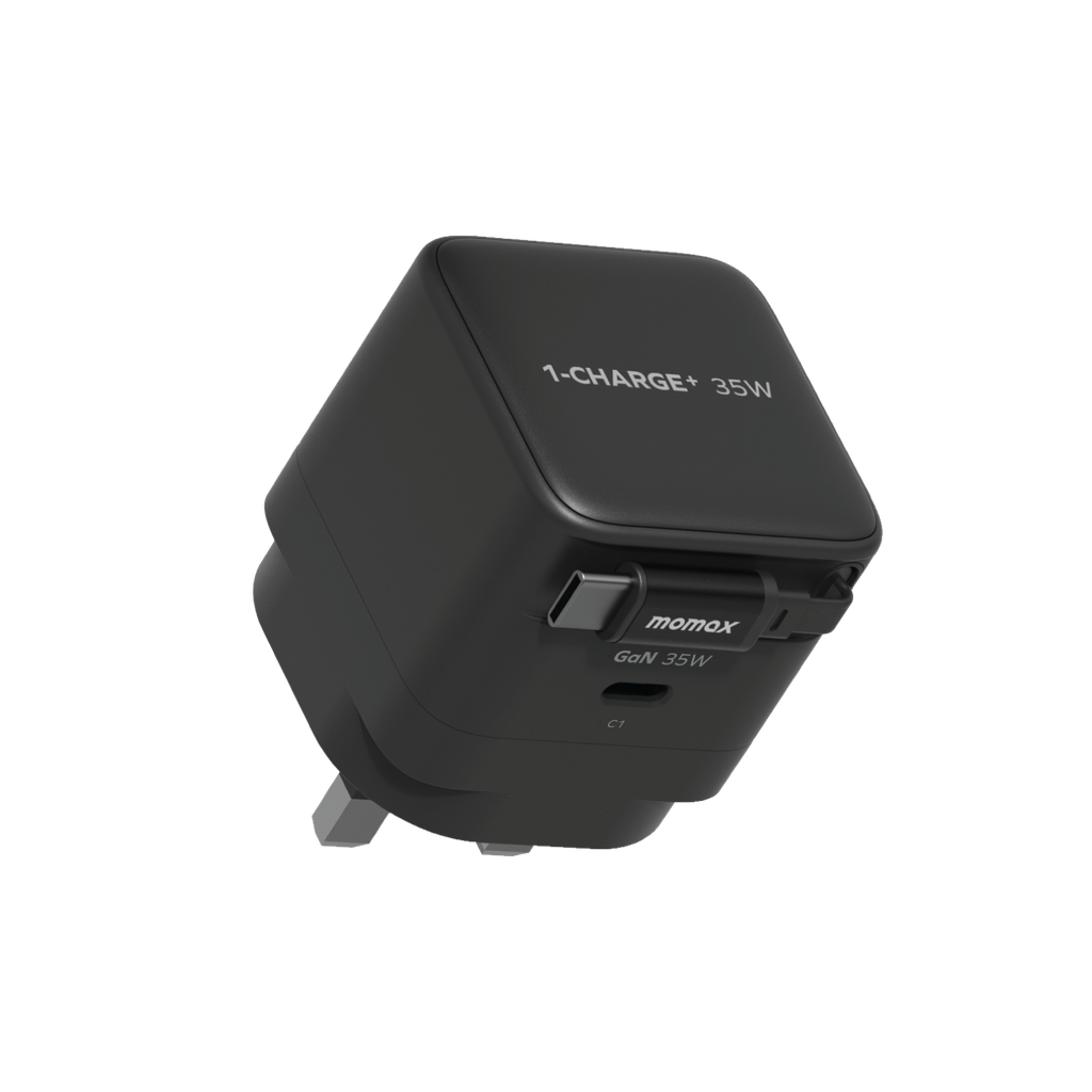 شاحن موماكس UM72UKD 1-Charge+ 35 واط GaN بمنفذ واحد مع كابل USB-C قابل للسحب - أسود