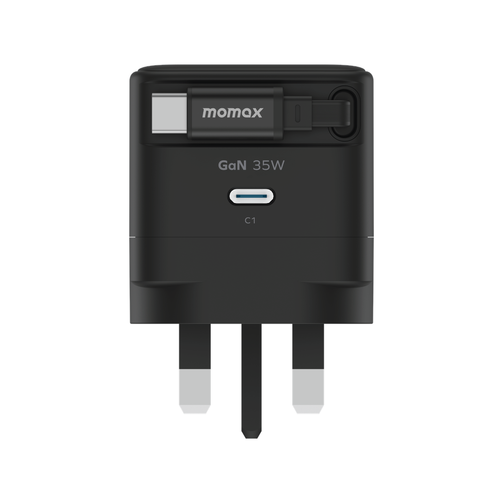 شاحن موماكس UM72UKD 1-Charge+ 35 واط GaN بمنفذ واحد مع كابل USB-C قابل للسحب - أسود