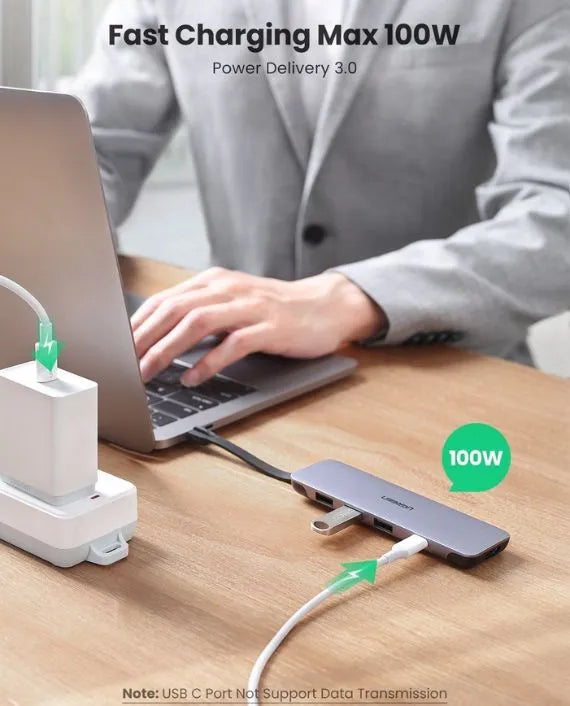 قاعدة يوجرين 5 في 1 متعددة المنافذ USB-C مع منفذ HDMI بدقة 4K بمعدل 30 هرتز / منفذ بيانات USB-A 3.0 / USB-C PD 100 واط / UG-USBC-CM285-5P-MM-ADP - رمادي فضائي