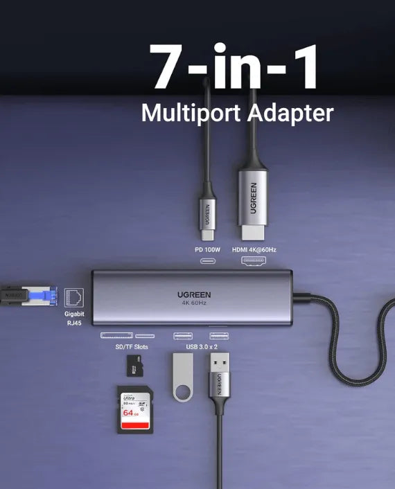موزع يوجرين 7 في 1 USB-C بدقة 4K@60Hz، دونجل من النوع C إلى HDMI مع جيجابت إيثرنت