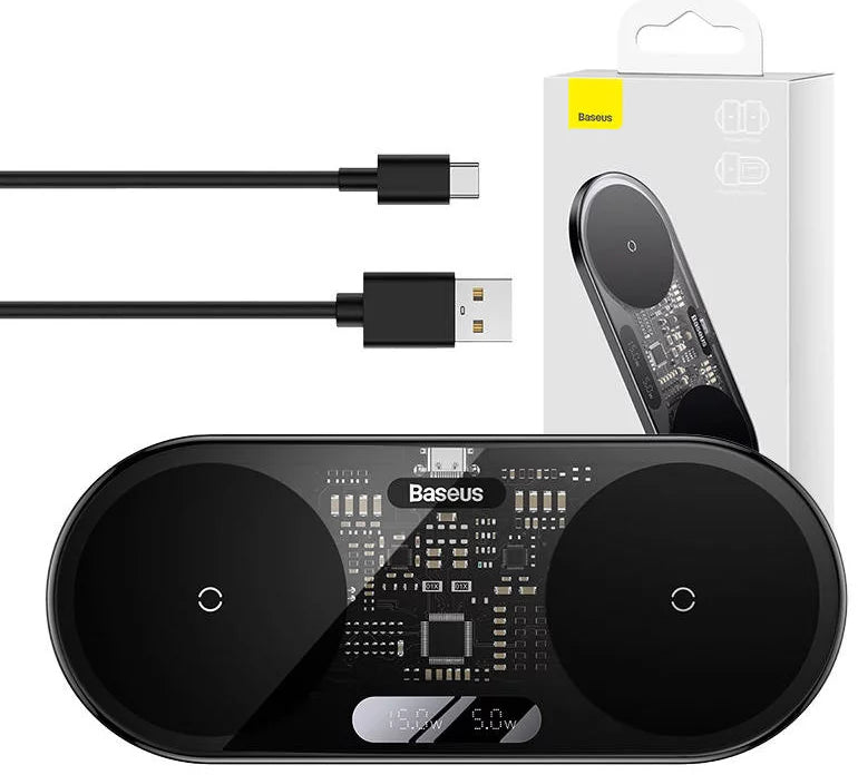 شاحن لاسلكي Baseus Digital LED Display Dual Qi، بقوة 20 وات