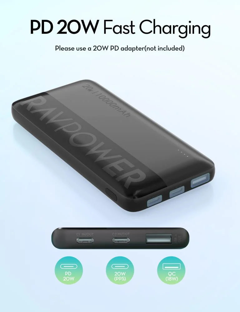RavPower PD 20W 10000mAh 3-Port Power Bank, Fast Charging, Universal Compatibility - Black