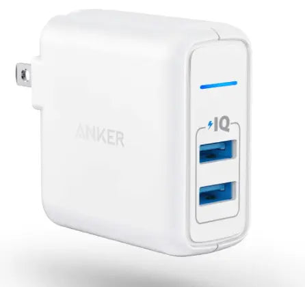 شاحن أنكر باور بورت 24 وات بمنفذي USB باللون الأبيض