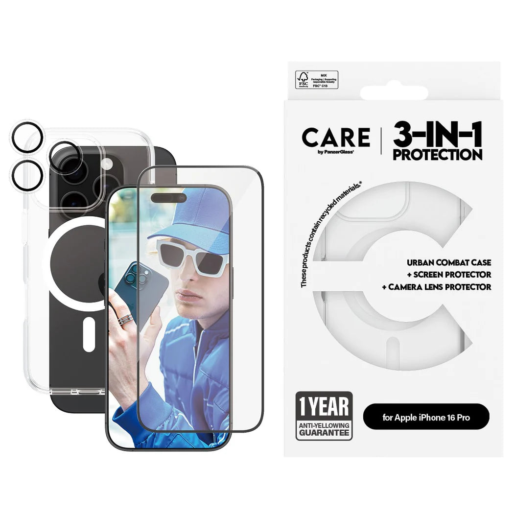 مجموعة CARE by PanzerGlass® الرائدة 3 في 1 لهاتف iPhone 16 Pro
