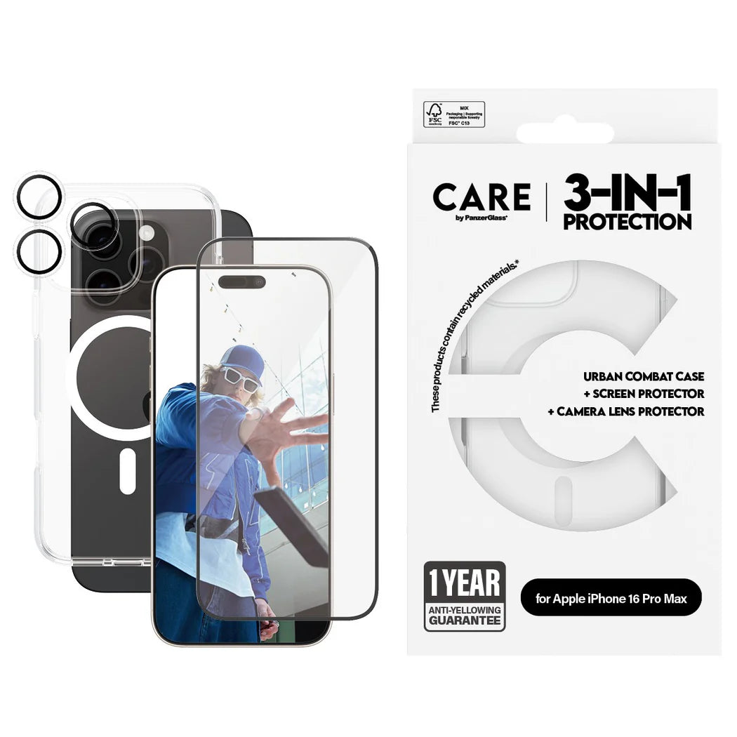 مجموعة CARE by PanzerGlass® الرائدة 3 في 1 لهاتف iPhone 16 Pro Max