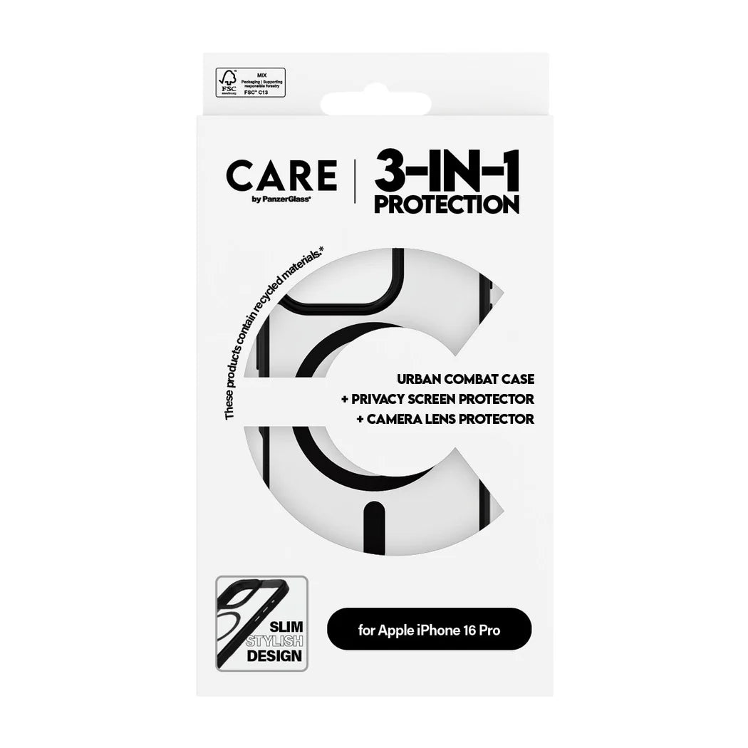 مجموعة CARE by PanzerGlass® الرائدة 3 في 1 لحماية الخصوصية لهاتف iPhone 16 Pro