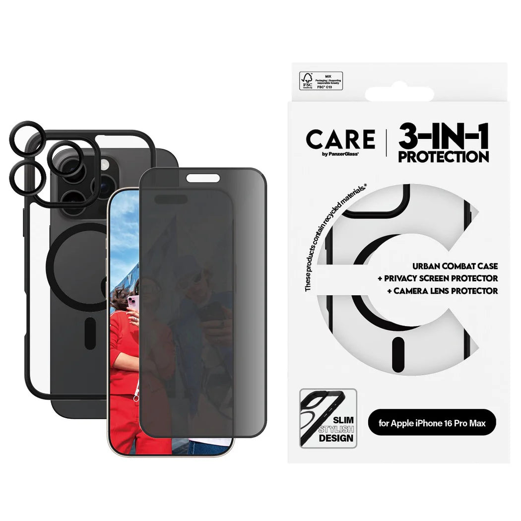 مجموعة CARE by PanzerGlass® الرائدة 3 في 1 لحماية الخصوصية لهاتف iPhone 16 Pro Max