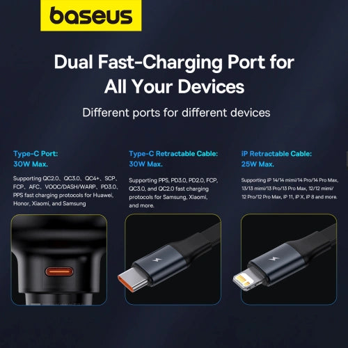 شاحن سيارة Baseus Enjoyment Pro مع كابل Lightning + USB-C ، 55 واط (أسود)