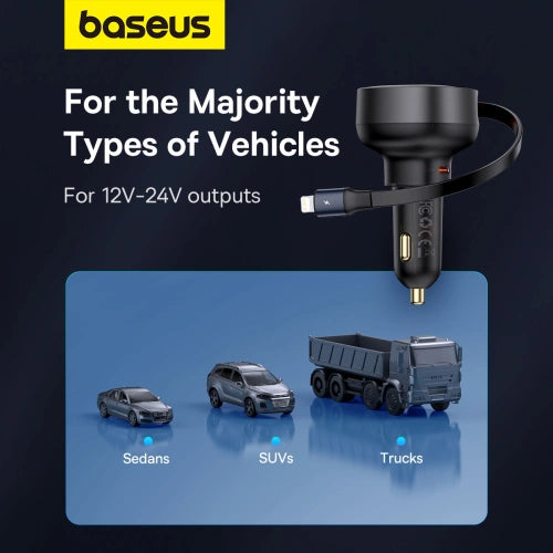 شاحن سيارة Baseus Enjoyment Pro مع كابل Lightning + USB-C ، 55 واط (أسود)