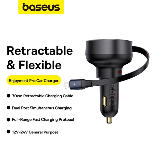 شاحن سيارة Baseus Enjoyment Pro مع كابل Lightning + USB-C ، 55 واط (أسود)