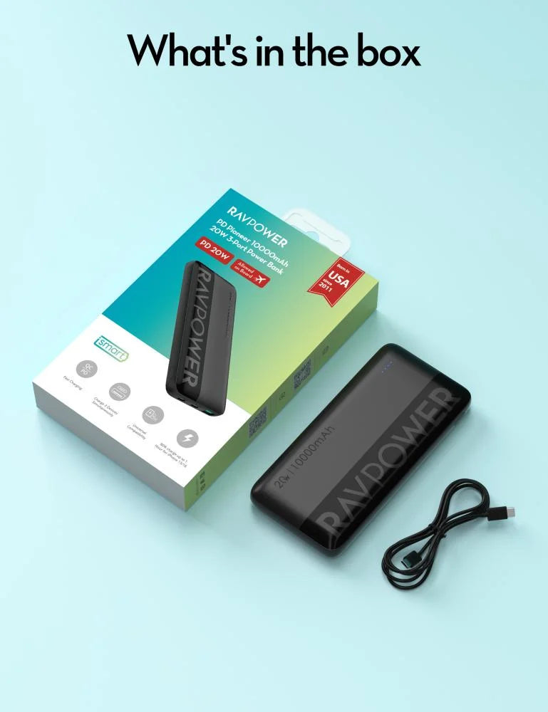 RavPower PD 20W 10000mAh 3-Port Power Bank, Fast Charging, Universal Compatibility - Black