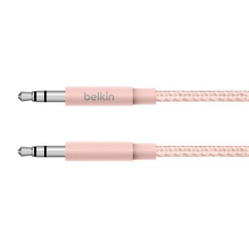 كابل مساعد مضفر فاخر من Belkin مقاس 3.5 مم، خالٍ من التشابك، مع موصلات من الألومنيوم - ذهبي وردي