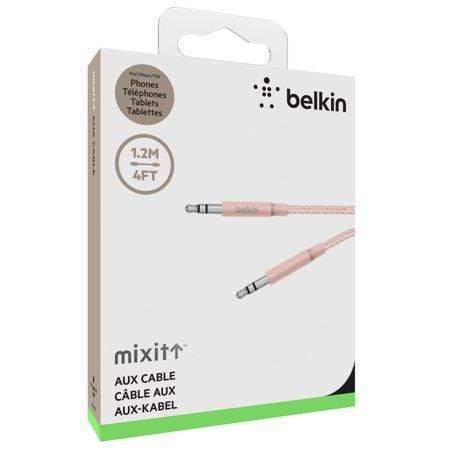 كابل مساعد مضفر فاخر من Belkin مقاس 3.5 مم، خالٍ من التشابك، مع موصلات من الألومنيوم - ذهبي وردي