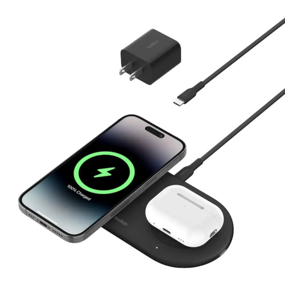 لوحة شحن لاسلكية مغناطيسية 2 في 1 من Belkin BoostCharge Pro بقوة 15 واط مع Qi2، لون أسود (BL-Qi2Magnetic-Pad-2IN1-Blk)
