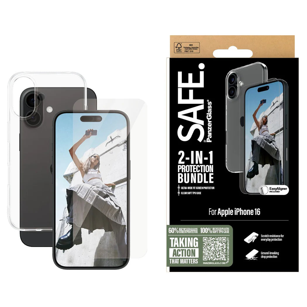 PanzerGlass SAFE by PG 2-in-1 Protection Bundle – Apple iPhone 16 (6.1") – Transparent Set