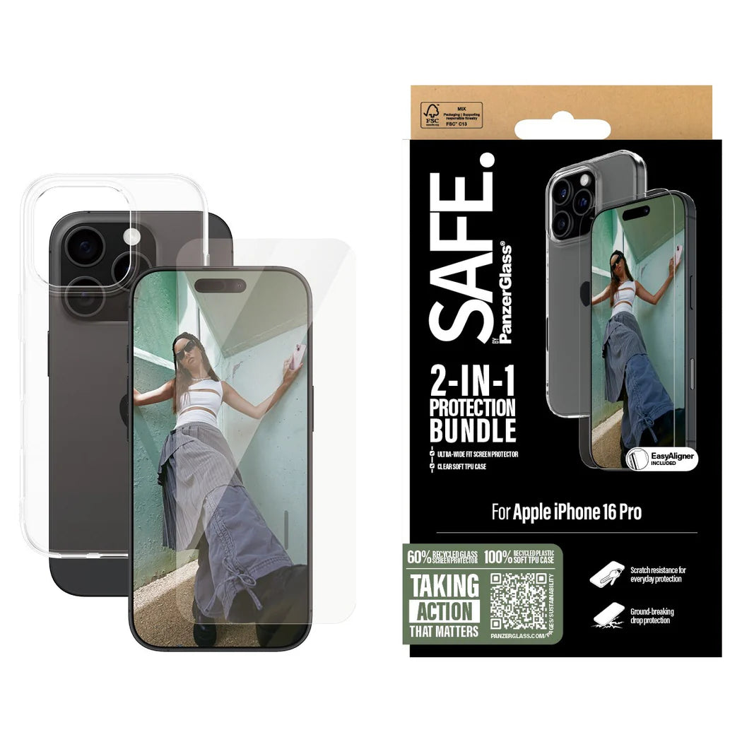 PanzerGlass SAFE by PG 2‑in‑1 Protection Bundle – Apple iPhone 16 Pro (6.3″) – Transparent Set