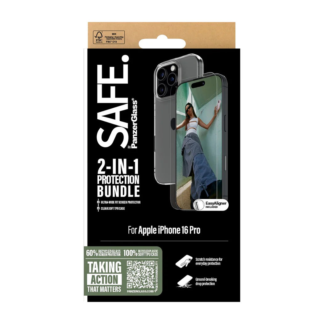 PanzerGlass SAFE by PG 2‑in‑1 Protection Bundle – Apple iPhone 16 Pro (6.3″) – Transparent Set