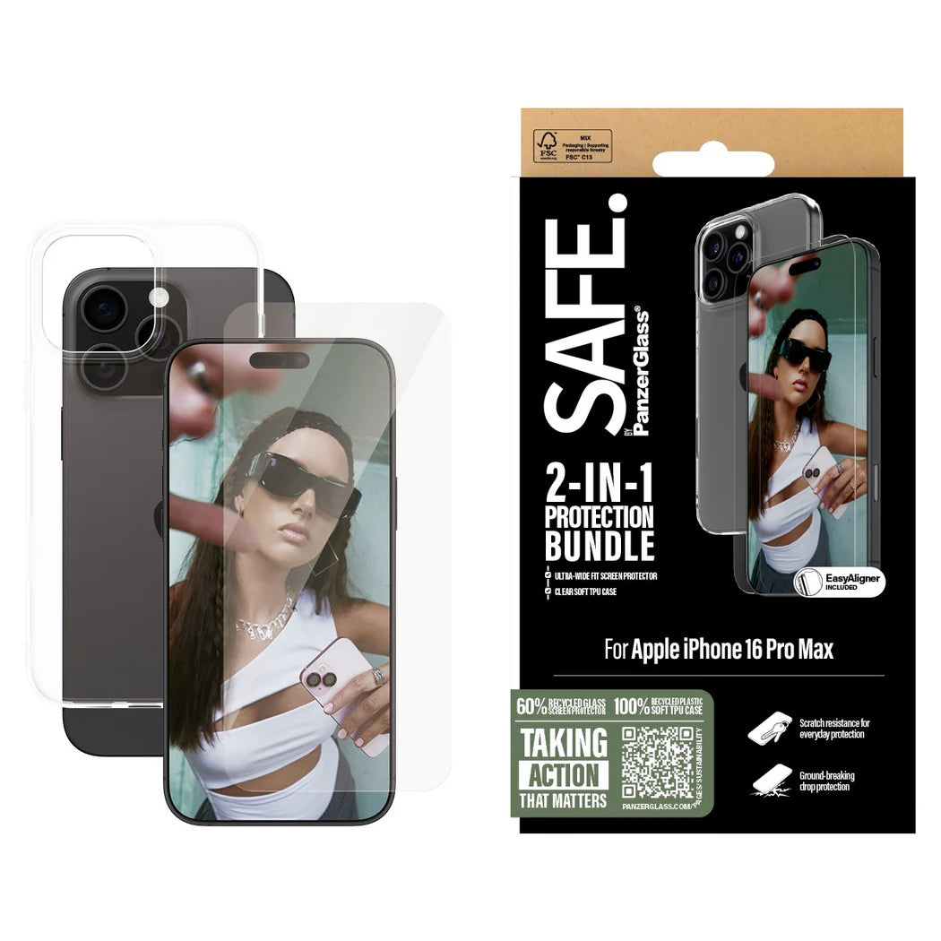 PanzerGlass SAFE by PG 2‑in‑1 Protection Bundle – Apple iPhone 16 Pro Max (6.9″) – Transparent Set