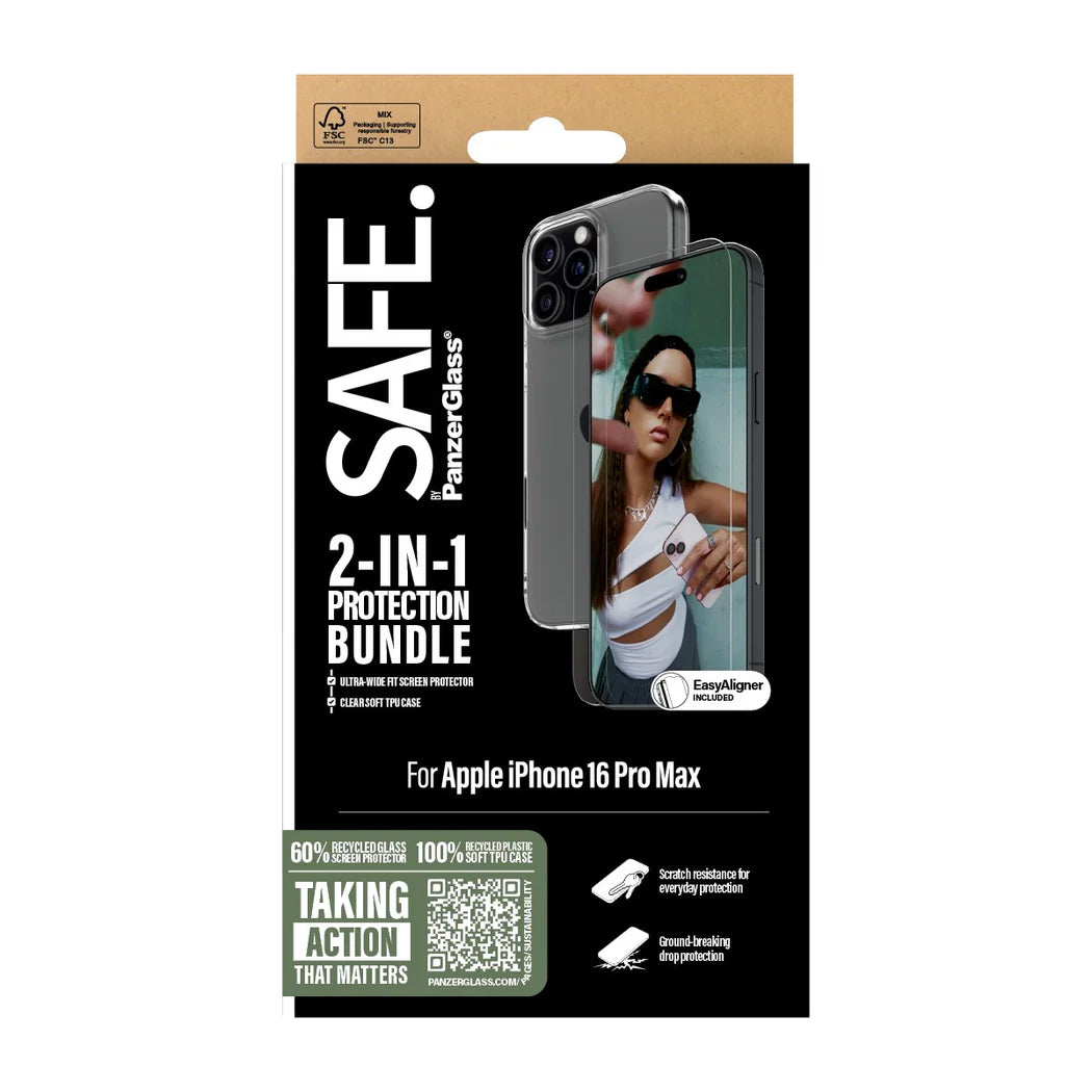 PanzerGlass SAFE by PG 2‑in‑1 Protection Bundle – Apple iPhone 16 Pro Max (6.9″) – Transparent Set