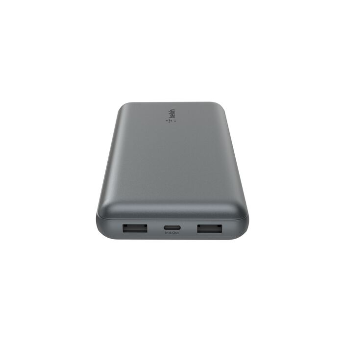 شاحن محمول من Belkin، بنك طاقة USB C بسعة 20000 مللي أمبير/ساعة مع منفذي USB-A، 15 وات مع كابل A إلى C، رمادي 