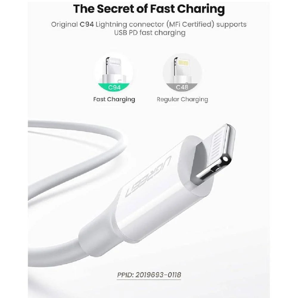 شاحن يو جرين سريع PD بقوة 20 وات مع كابل USB-C إلى Lightning بطول 1 متر، أبيض