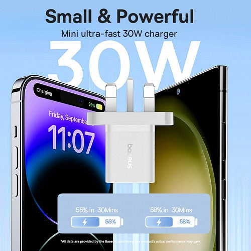 شاحن حائط Baseus 30 واط USB-C UK MINI GaN5 أبيض