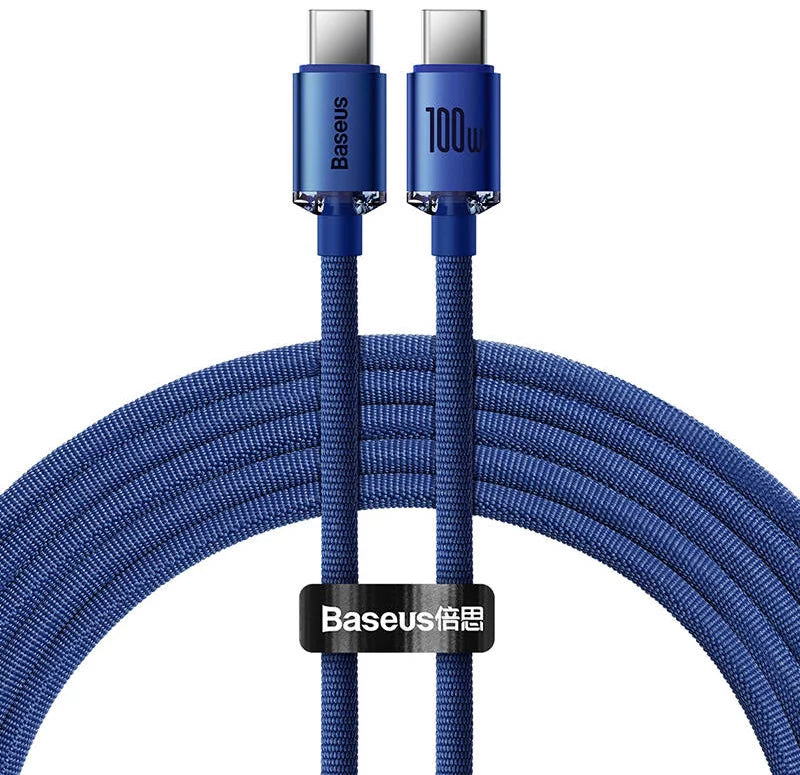 كابل Baseus Crystal Shine USB-C إلى USB-C، 100 واط، 1.2 متر (أزرق)