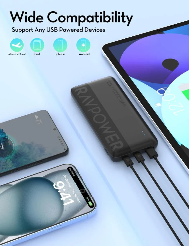 RavPower PD 20W 10000mAh 3-Port Power Bank, Fast Charging, Universal Compatibility - Black