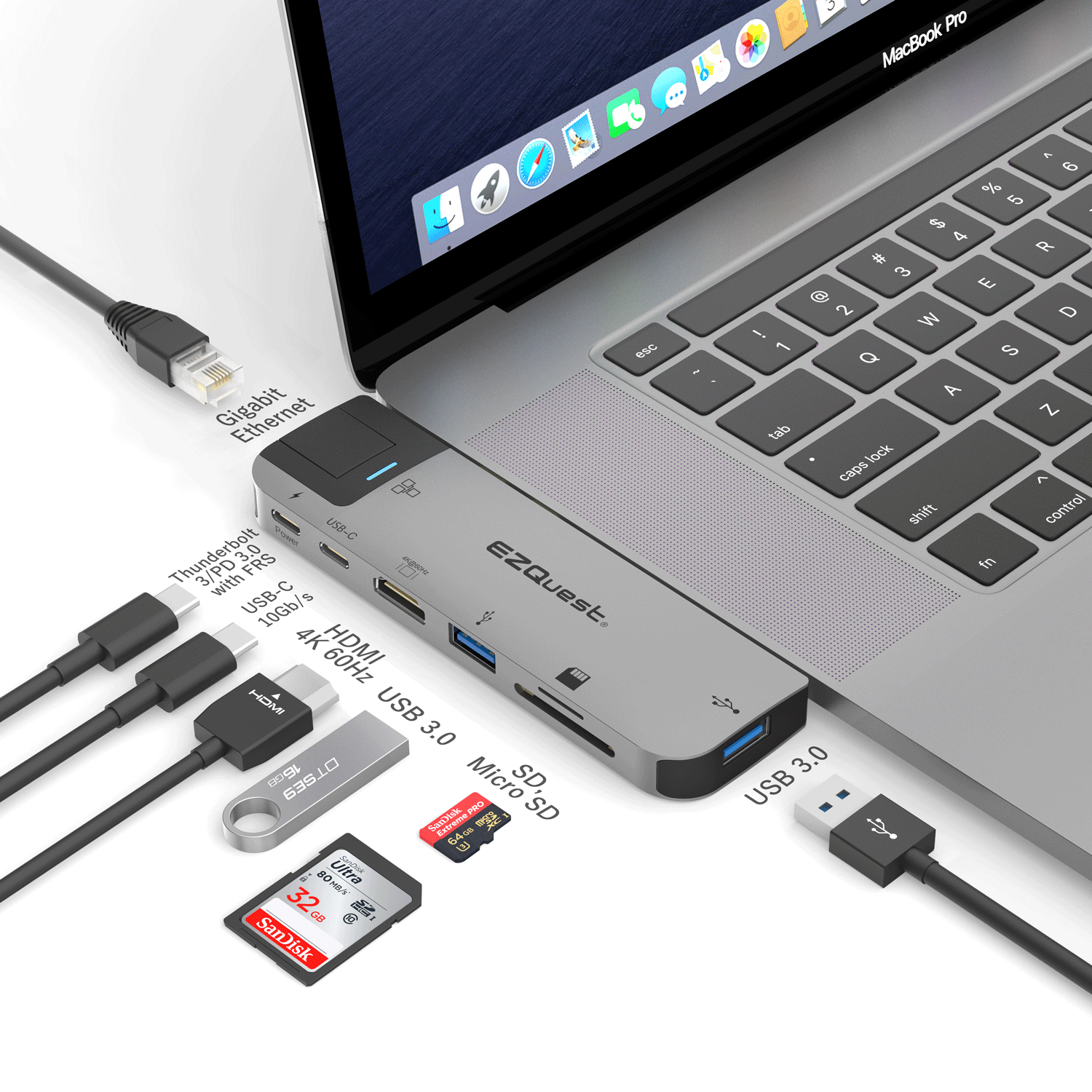 محول موزع الوسائط المتعددة USB-C بـ 8 منافذ بدقة 4K وتردد 60 هرتز