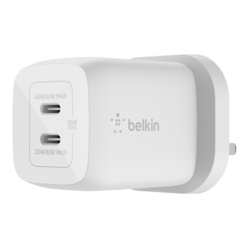 شاحن حائط Belkin GAN مزدوج USB-c بقوة 65 وات مع PPS أبيض