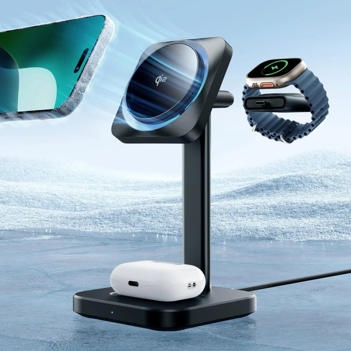 شاحن ESR Cryo Boost Qi2 MagSafe 3 في 1 لأجهزة Airpods / Apple Watch، قابس المملكة المتحدة، أسود
