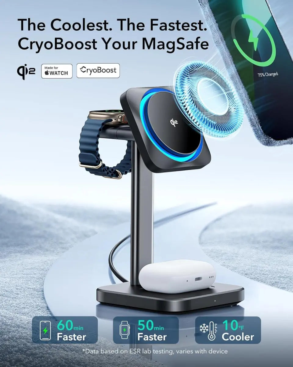 شاحن ESR Cryo Boost Qi2 MagSafe 3 في 1 لأجهزة Airpods / Apple Watch، قابس المملكة المتحدة، أسود