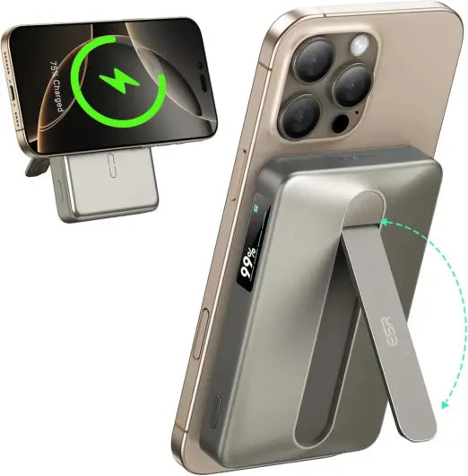 بنك طاقة ESR Qi2 Mag Slim Kickstand 15 وات مع MagSafe 10000 مللي أمبير في الساعة من التيتانيوم