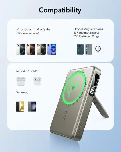 بنك طاقة ESR Qi2 Mag Slim Kickstand 15 وات مع MagSafe 10000 مللي أمبير في الساعة من التيتانيوم