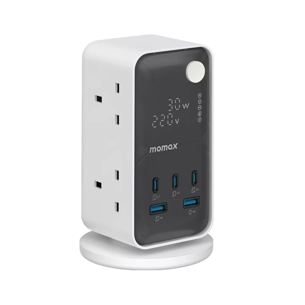 برج طاقة MOMAX 1-CHARGE WORK FLOW مزود بشاشة رقمية 6 منافذ مع منفذ USB