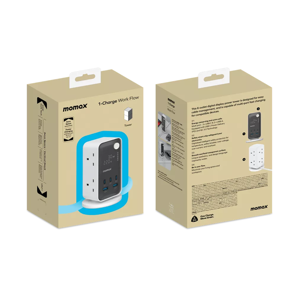 برج طاقة MOMAX 1-CHARGE WORK FLOW مزود بشاشة رقمية 6 منافذ مع منفذ USB