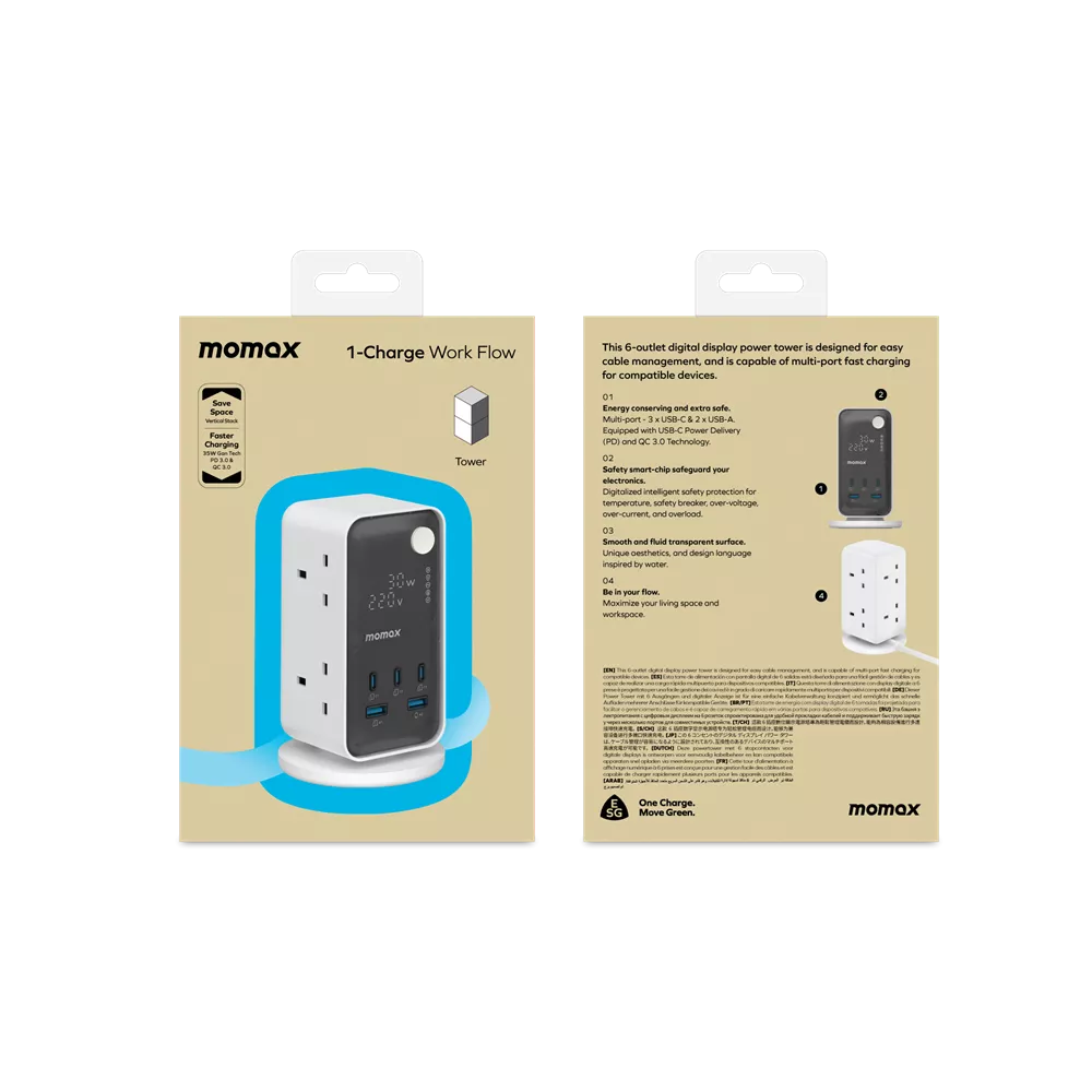 برج طاقة MOMAX 1-CHARGE WORK FLOW مزود بشاشة رقمية 6 منافذ مع منفذ USB