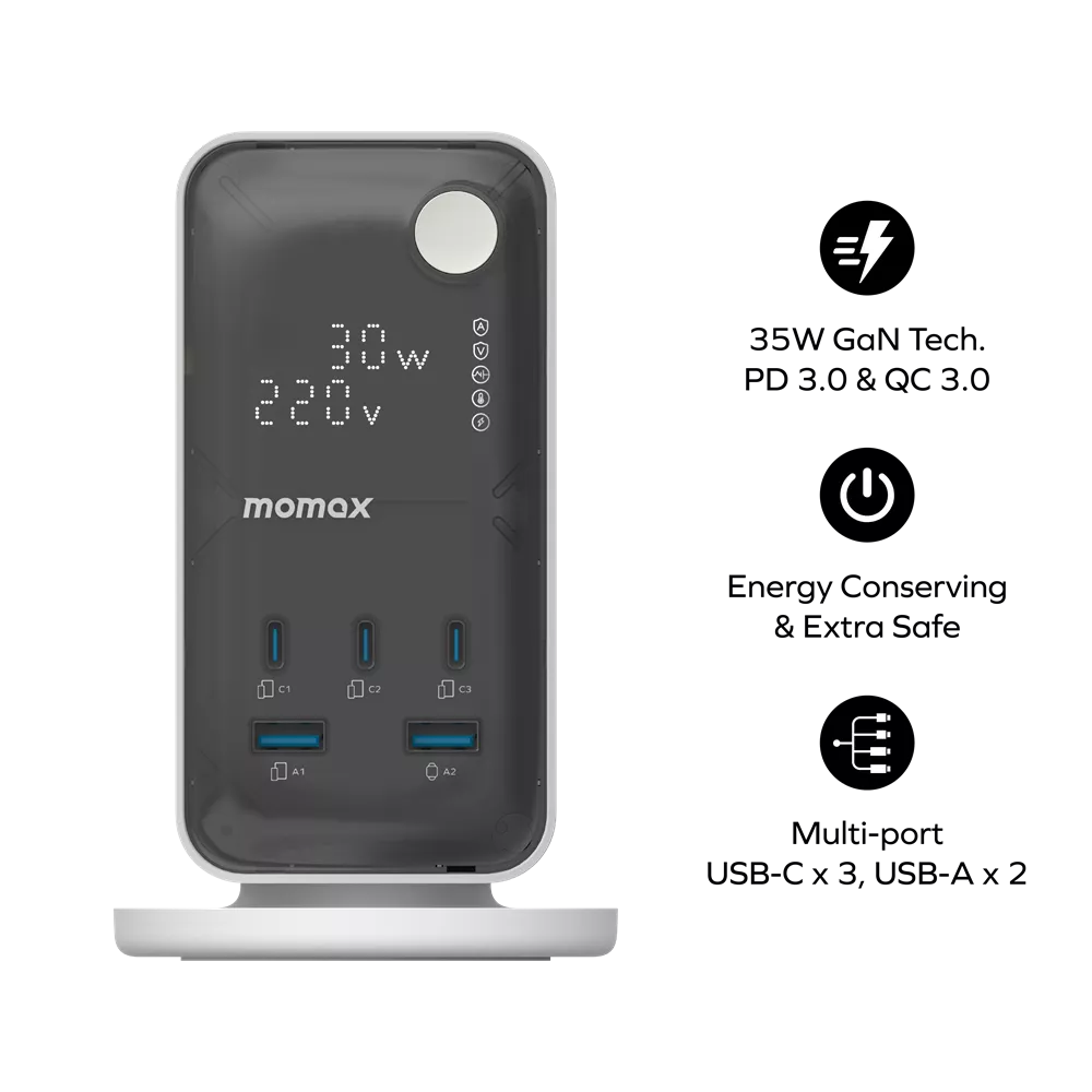 برج طاقة MOMAX 1-CHARGE WORK FLOW مزود بشاشة رقمية 6 منافذ مع منفذ USB