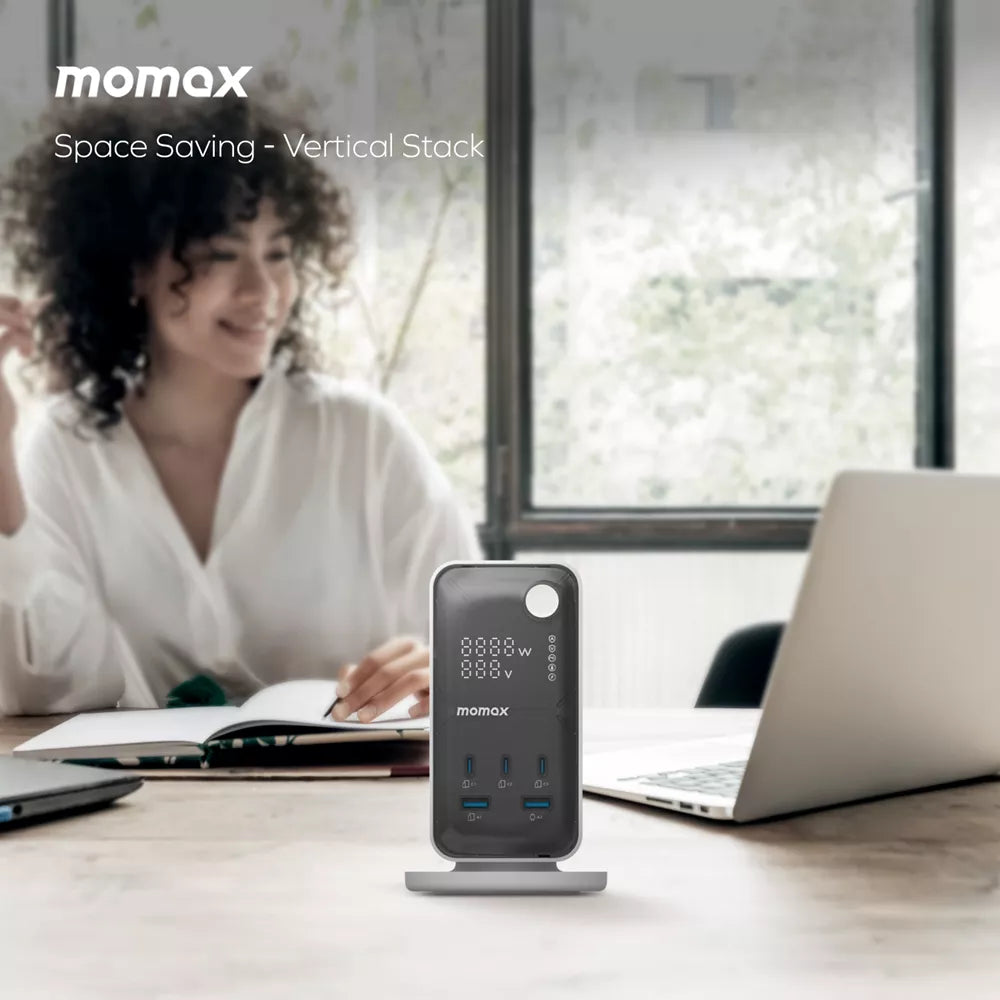 برج طاقة MOMAX 1-CHARGE WORK FLOW مزود بشاشة رقمية 6 منافذ مع منفذ USB