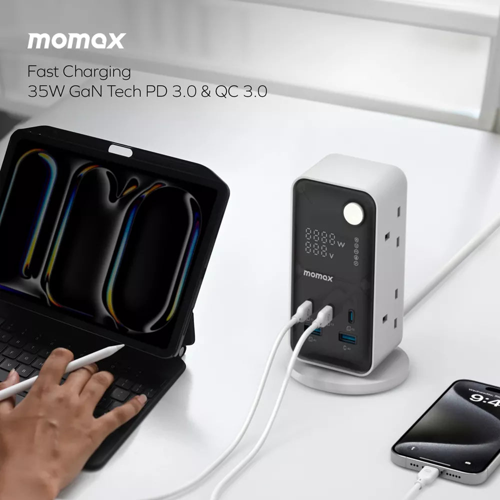برج طاقة MOMAX 1-CHARGE WORK FLOW مزود بشاشة رقمية 6 منافذ مع منفذ USB