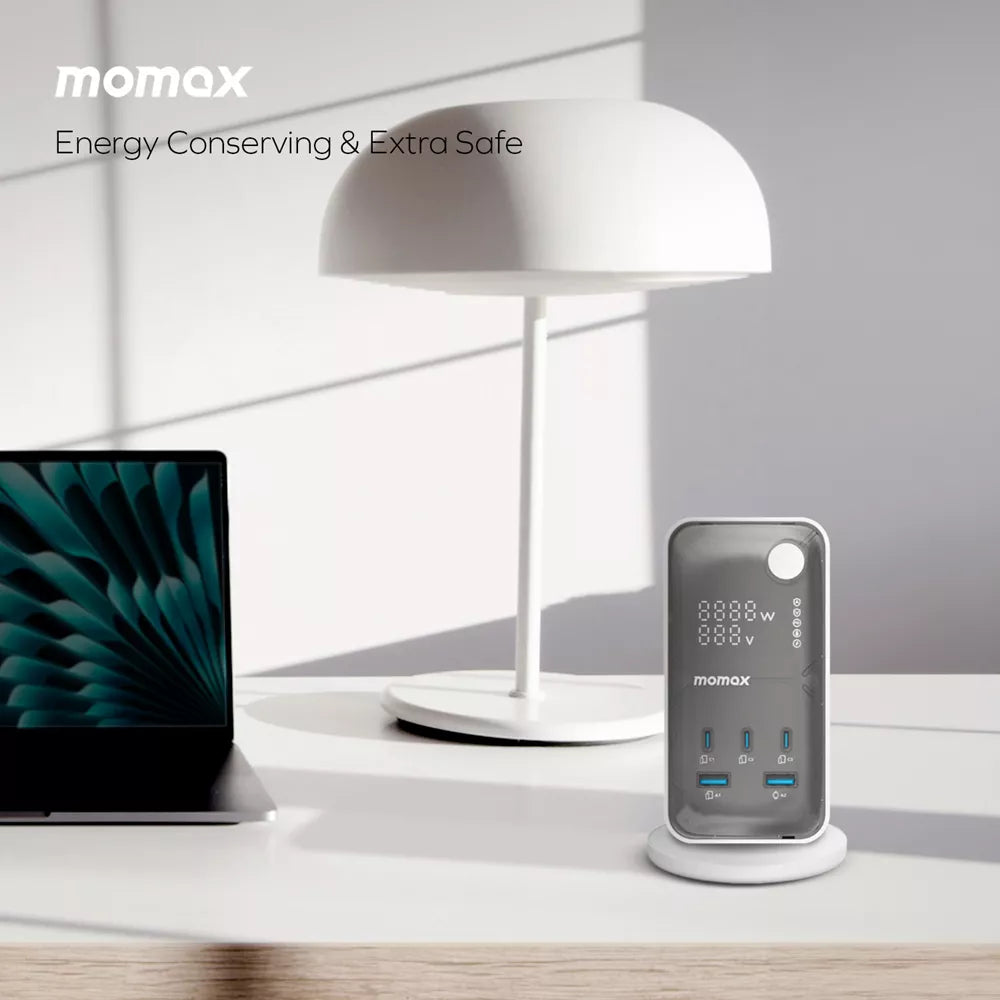 برج طاقة MOMAX 1-CHARGE WORK FLOW مزود بشاشة رقمية 6 منافذ مع منفذ USB