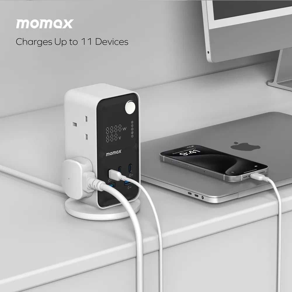 برج طاقة MOMAX 1-CHARGE WORK FLOW مزود بشاشة رقمية 6 منافذ مع منفذ USB