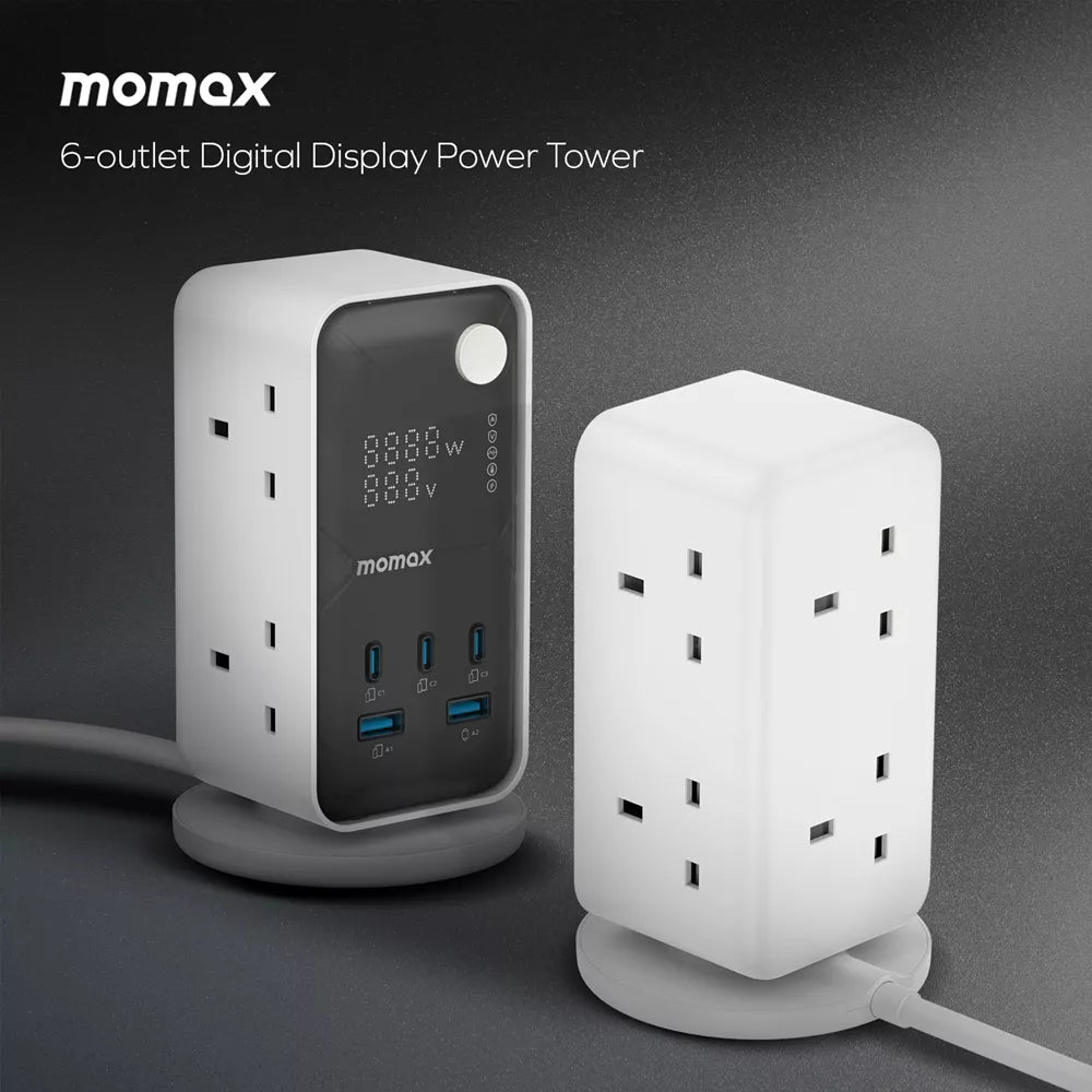 برج طاقة MOMAX 1-CHARGE WORK FLOW مزود بشاشة رقمية 6 منافذ مع منفذ USB