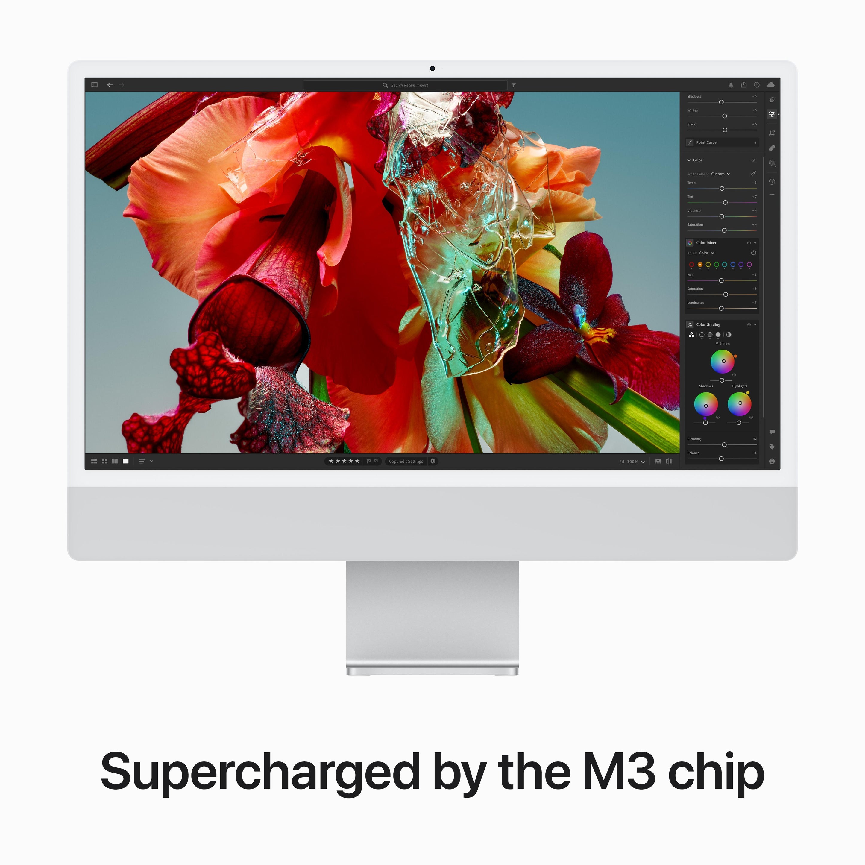 جهاز iMac مقاس 24 بوصة مزود بشريحة Apple M3 مع وحدة معالجة مركزية ثمانية النواة ووحدة معالجة رسومية عشرة النواة 