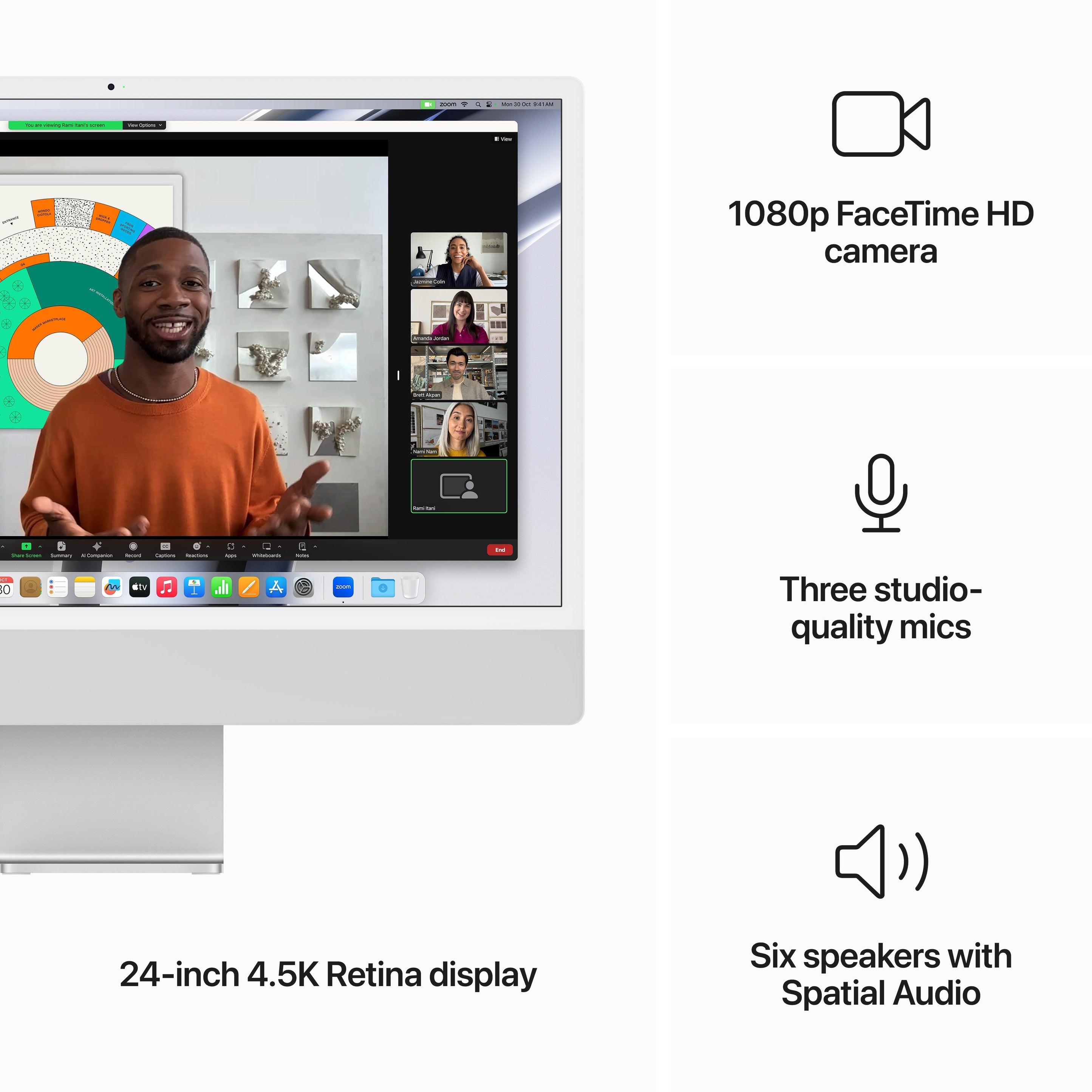 جهاز iMac مقاس 24 بوصة مزود بشريحة Apple M3 مع وحدة معالجة مركزية ثمانية النواة ووحدة معالجة رسومية عشرة النواة 